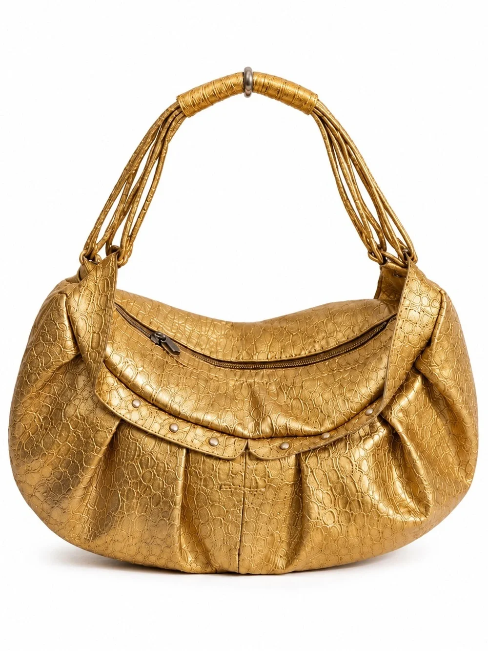 Charlie Lapson Metallic Gold Croc Embossed Hobo Shoulder Bag